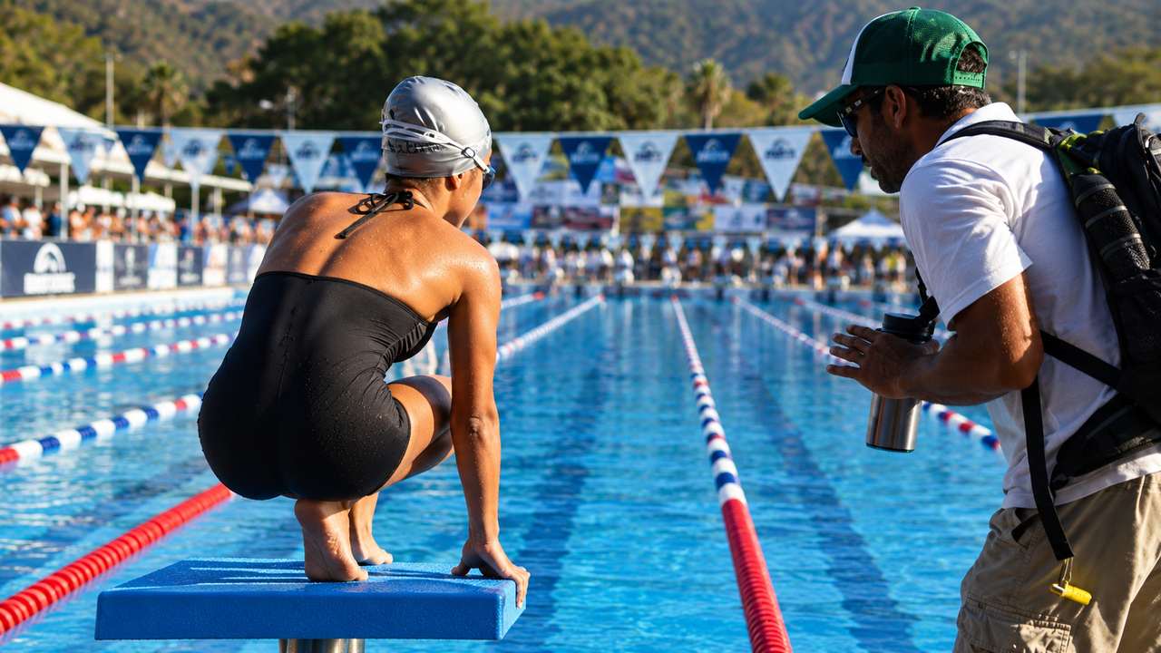 Entrenador orientando a una atleta antes de una salida de natación